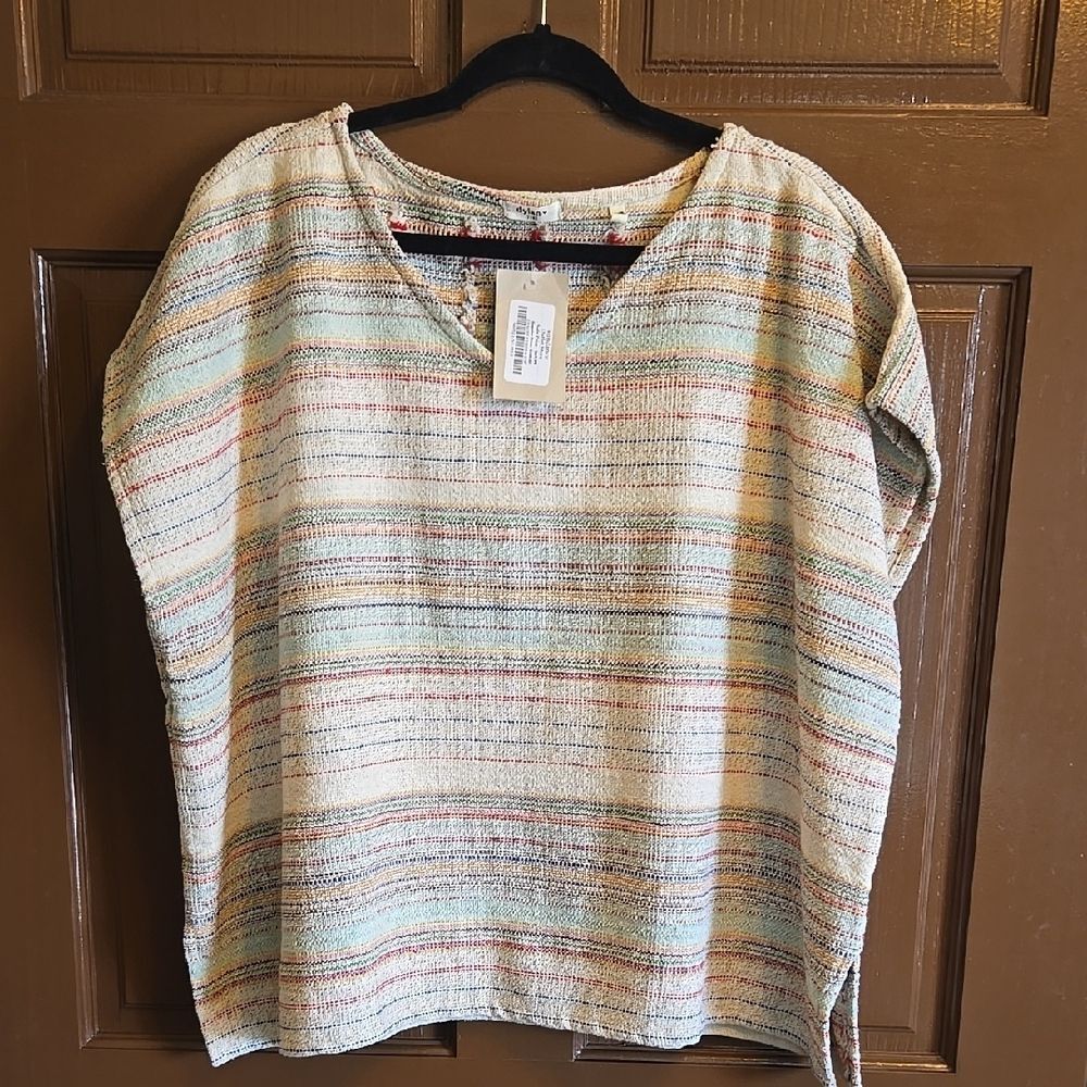 Dylan-Striped across pullover V neck, short sleeved cotton knit top Sz 1X NWT